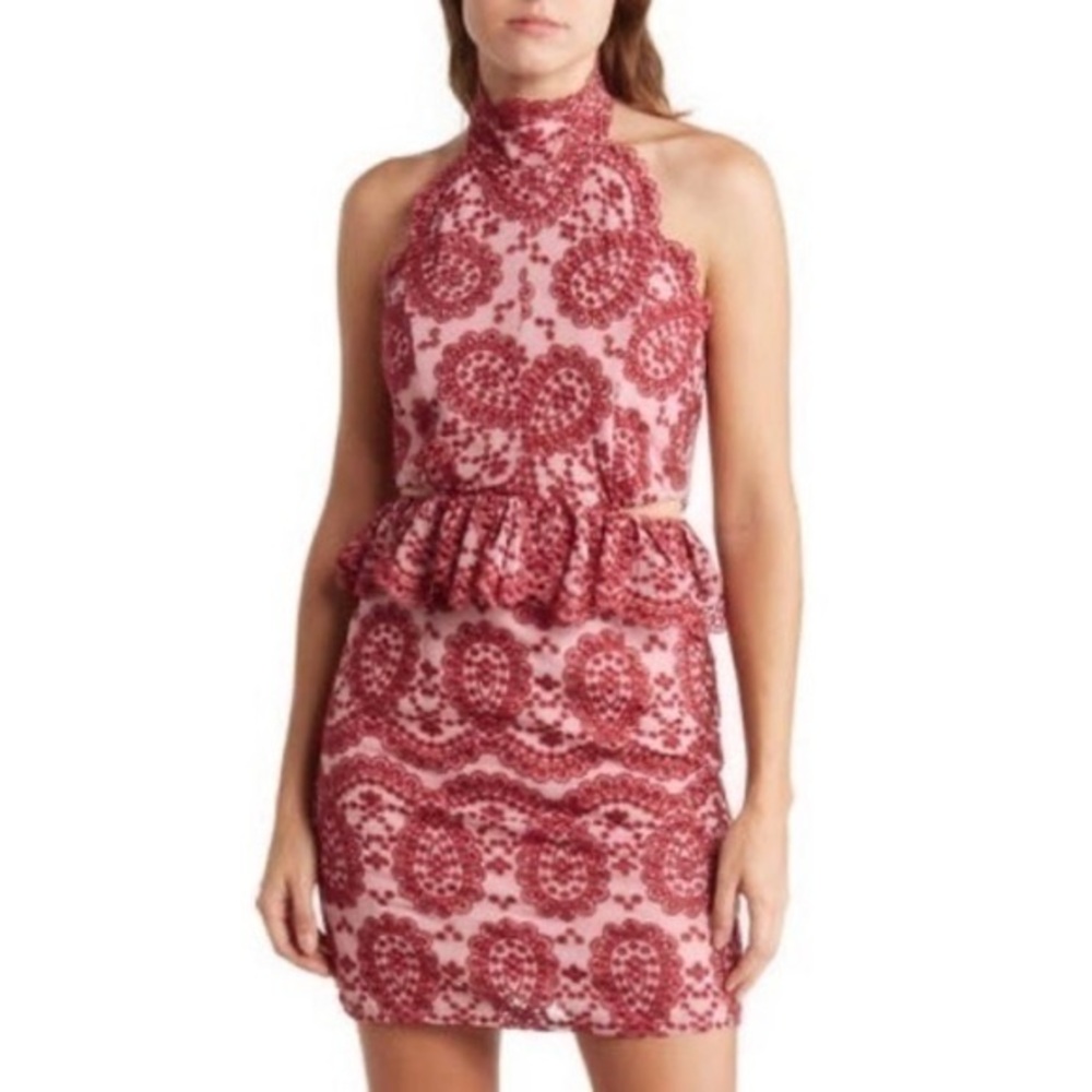 Embroidered Red Lace Halter Dress